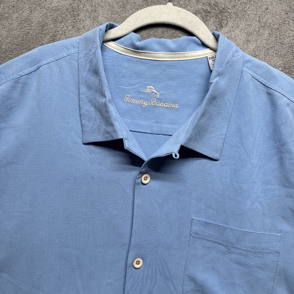 Tommy Bahama Silk Camp Shirt XXL Blue Loop Collar Travel Resort Bahama Cruise